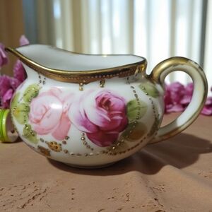 Vtg 1891-1921  NIPPON Gold Moriage Gilded Beaded Pink Red Roses Creamer Pitcher
